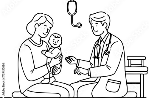Caring pediatrician provides a gentle check-up for a happy newborn baby, ensuring health and well-being during a routine medical examination