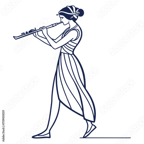 Elegant woman playing flute vector illustration, female musician performing classical music art