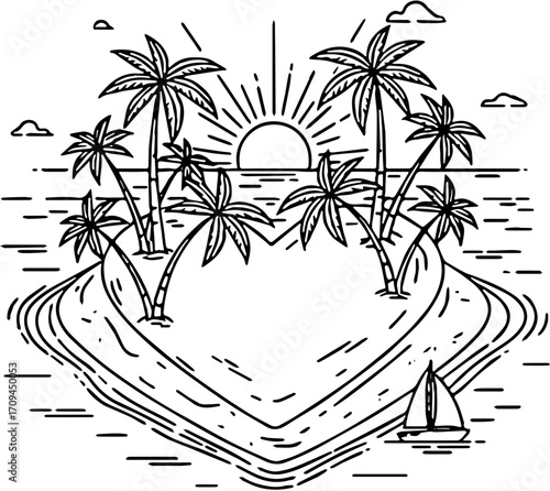 Idyllic tropical paradise with heart-shaped islands, swaying palm trees, and a sailboat at sunset, symbolizing a perfect romantic escape or dream vacation destination