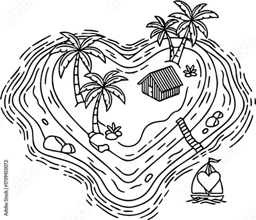 Stylized silhouette of a heart-shaped tropical island, featuring multiple swaying palm trees, perfectly symbolizing romantic paradise, serene escape, and idyllic travel dreams