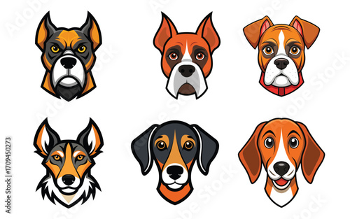 Collection of distinct dog breed portraits in a graphic illustration style. Diverse Dog Breed Heads and Faces.
