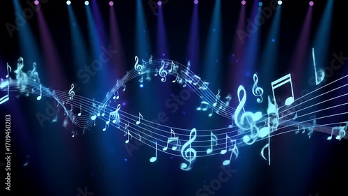 Dynamic Glowing Musical Notes and Treble Clefs Flowing on a Dark Stage with Blue Lights.