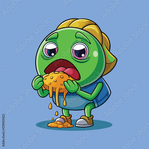 Funny green character eating messy burger vector illustration style,Generative Ai