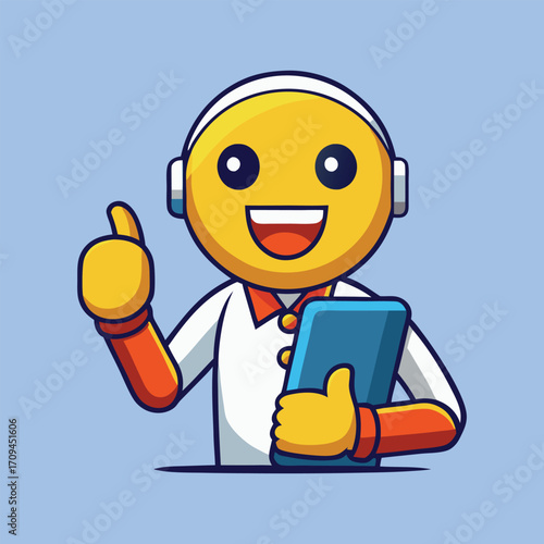 Cartoon robot emoji assistant holding tablet vector illustration,Generative Ai
