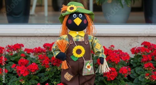 Cute scarecrow doll with sunflowers and red flowers in autumn