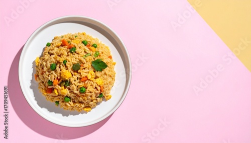 Colorful fried rice with carrots, peas, and egg on a white plate, set against a modern pink and yellow background.