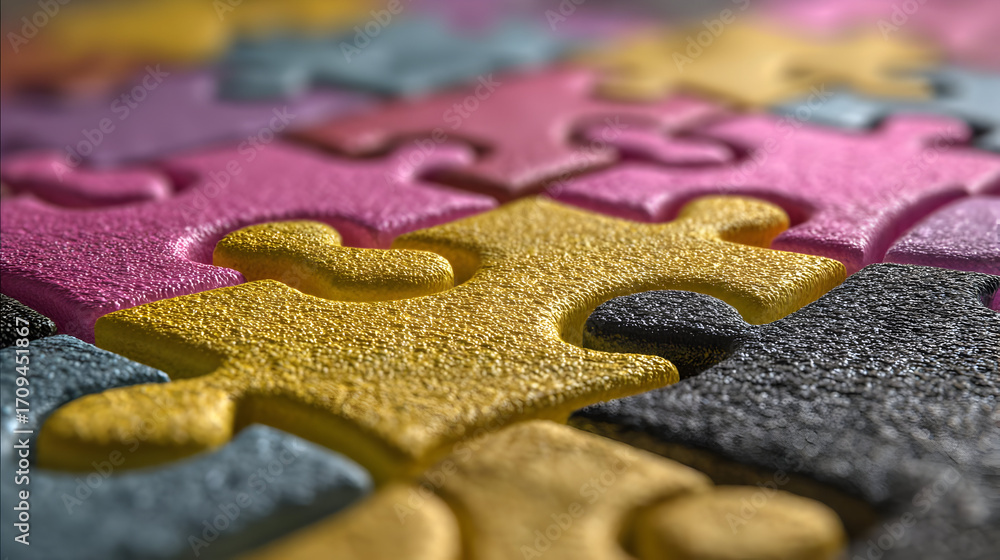 Fototapeta premium A close-up view of colorful puzzle pieces interlocking, showcasing art and creativity in leisure activities, ideal for various designs.