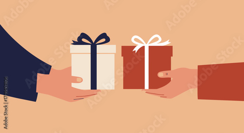A warm flat design illustration depicting the joyful tradition of exchanging gifts during Diwali, symbolizing sharing and prosperity. This vector art captures the spirit of generosity and connection.