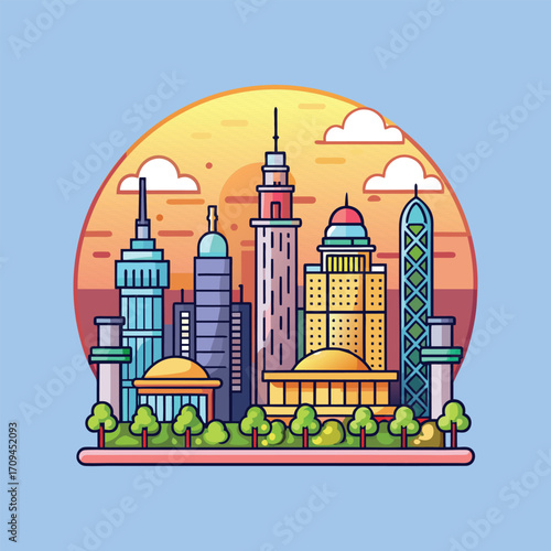 Modern city skyline at sunset urban landscape vector illustration,Generative Ai