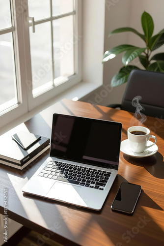 Modern dark wood office desk table with laptop, smartphone and other supplies with cup of coffee. coppy space for input the text in the middle. Top view, flat lay