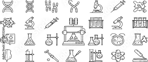 Bioengineering and Biotechnology Line Icon Set - Vector Illustrations of Genetics, Medical, Bioprinting, Research, and Science