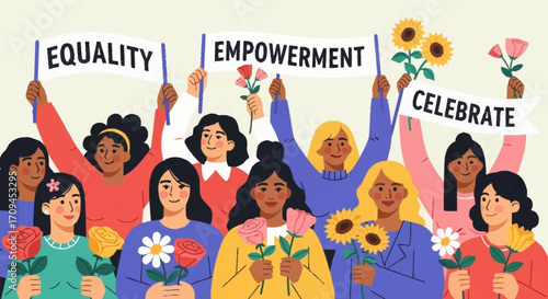 Celebrating Equality and Empowerment A Diverse Group of Women Unite with Flowers and Banners