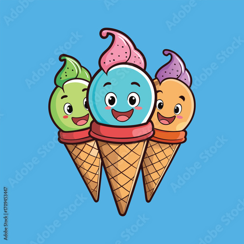 Cute ice cream cones vector illustration in colorful cartoon,Generative Ai