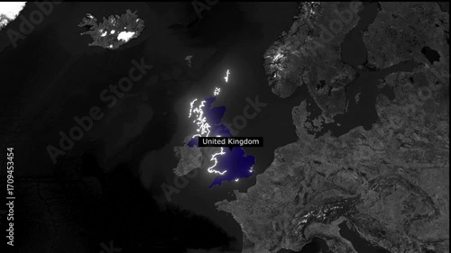 Satellite view of united kingdom and europe at night with city lights highlighted in white color