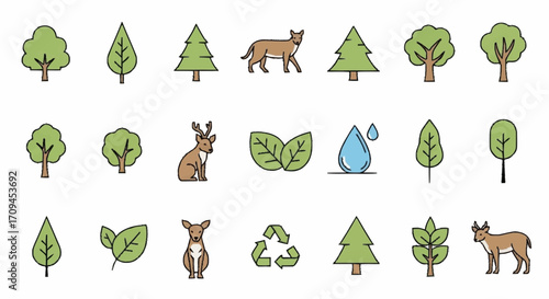 Collection of Nature and Wildlife Icons Trees, Animals, Water Droplet, and Recycling Symbol