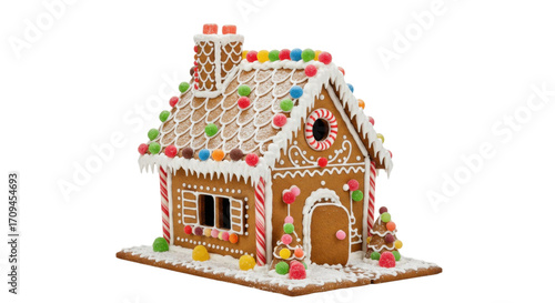 A colorful gingerbread house decorated with icing and sweets for Christmas on a transparent background