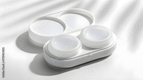 Clear Contact Lens Case Mockup With Plain Unmarked Lid And Subtle Shadows, Perfect Minimalist Packaging Design Template For Clean Modern Eye Care Product Branding