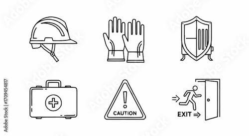 Safety icons helmet, gloves, shield, first aid kit, caution sign, and exit symbol for workplace or emergency