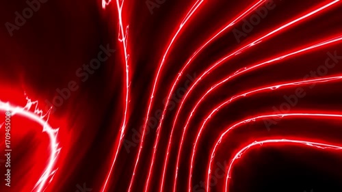 Abstract glowing red neon light streaks with electric energy lines on dark background