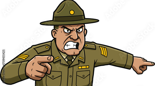 Cartoon angry military drill sergeant pointing fingers, strict army officer illustration, stern commander character, discipline training concept, vector art