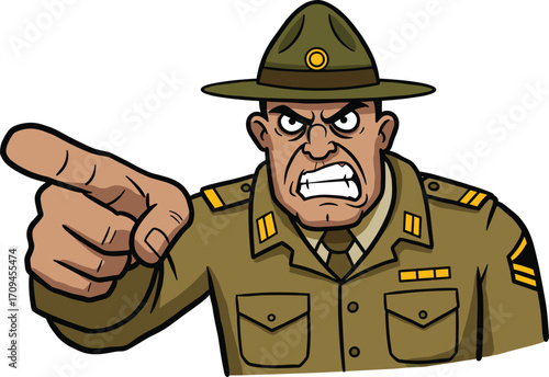 Cartoon drill sergeant pointing forward, stern shouting expression, green hat, brown uniform with insignia, military training command illustration, authority leadership concept artwork