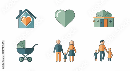 Family and Home Icons Vector graphics illustrating love, parenthood, children, and domestic life. Ideal for promoting care and security
