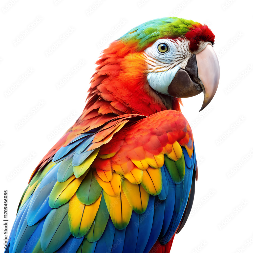 Fototapeta premium A vibrant scarlet macaw parrot with colorful feathers, including red, yellow, blue, and green, isolated on a transparent background, showcasing its detailed plumage and beak