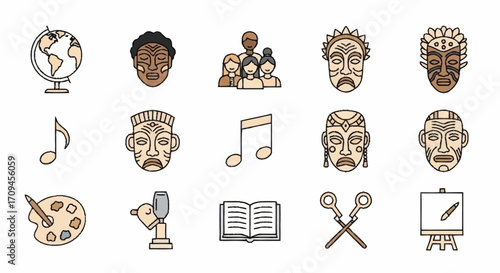 A diverse collection of line icons representing world culture, education, and the arts, with a focus on African heritage and history