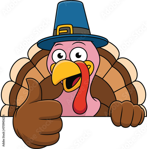 Cartoon turkey mascot wearing blue pilgrim hat thumbs up, cheerful Thanksgiving bird character, holiday poultry illustration, festive autumn celebration design