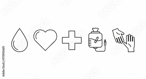 Medical symbols representing blood donation, healthcare, and giving help, such as a blood drop, heart, cross, IV bag, and helping hands