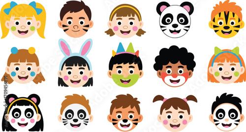 Various children with face painting vector images
