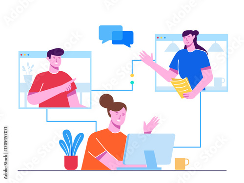 vector illustration of business people in office Two people interacting via digital interfaces, in a light, illustrative layout
