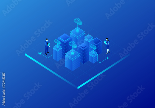 Cloud Storage A blue isometric design of stacked blocks with tiny people, in a technical style