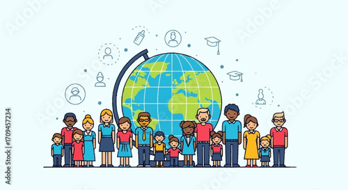 Diverse group of people from around the globe standing together united under the earth and icons representing education and success