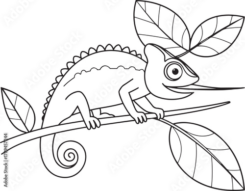 Happy Chameleon with a Long Tongue on a Branch Coloring Page
