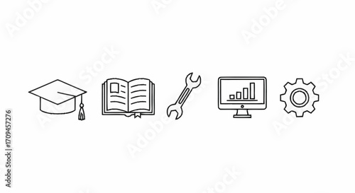 Education, tools, and technology symbols arranged in a row, representing learning, work, and progress