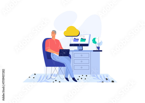 businessman in office A man working at a desk with a computer, set against a light background with a yellow cloud - like shape