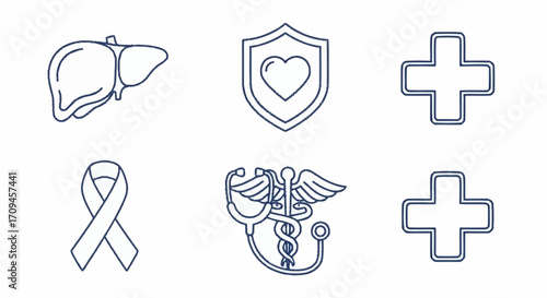 Essential line icons for health and medical concepts, featuring organ, protection, first aid, awareness, and comprehensive healthcare symbols