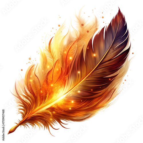 A vibrant, fiery feather with glowing embers and sparks, symbolizing transformation, passion, and rebirth, isolated on transparent background