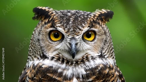 Intense amber eyes of a majestic owl stare forward, a symbol of wisdom and mystery in nature's embrace.