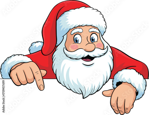 Cheerful Santa Claus cartoon illustration, festive Christmas holiday character, pointing gesture, red suit, white beard, seasonal greeting card, winter celebration design