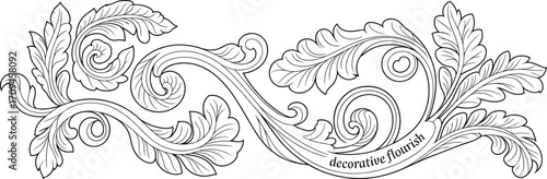 Elegant decorative flourish, vintage acanthus leaf ornament, baroque swirl design, ornate vector pattern, classical scrollwork, luxury border element, intricate engraving style
