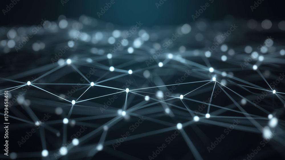 Obraz premium A sprawling digital network graph with glowing nodes and connecting lines, illustrating concepts of global communication, big data, and futuristic technology
