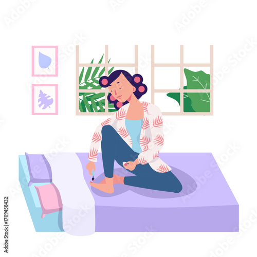 girl with shopping bag A woman sitting on a bed in a cozy room, with plants and a window in the background