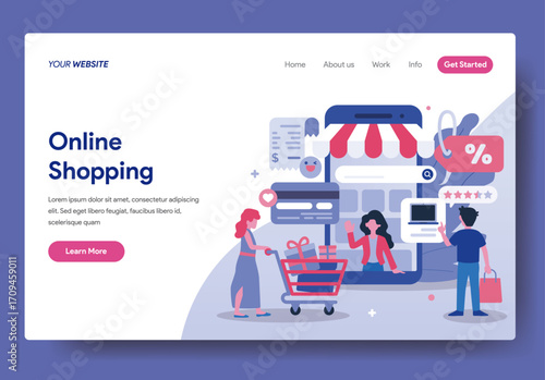 Commercial cryptocurrency vector graphics A webpage for “Online Shopping” showing a storefront and people shopping, in a clean layout