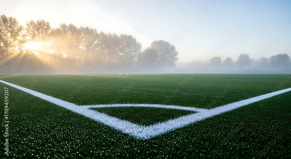 Obraz premium Golden sunbeams illuminate a pristine green sports field corner through morning mist, capturing the serene beauty of dawn and the promise of new beginnings