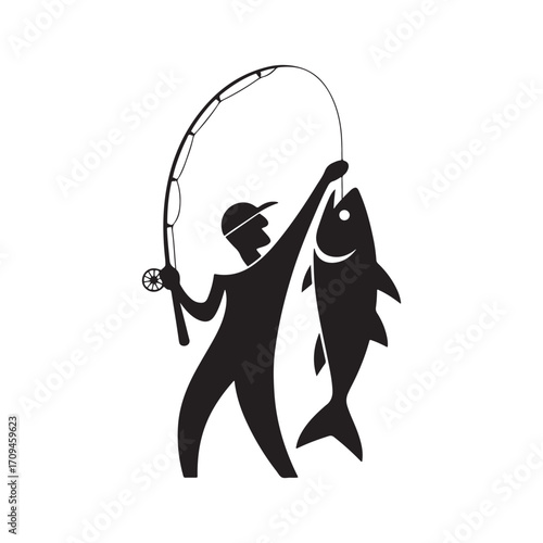 Fisherman Holding Up a Big Fish on his Rod - Outdoor Sport and Hobby