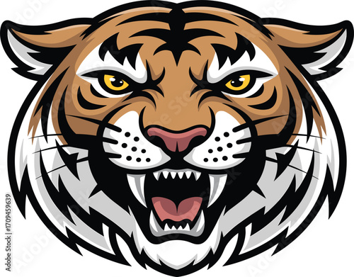 Ferocious roaring tiger head mascot illustration, aggressive wild animal face design, powerful jungle predator artwork, sports team logo vector