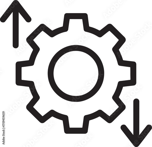 Black gear with up and down arrows isolated on white background for settings icon
