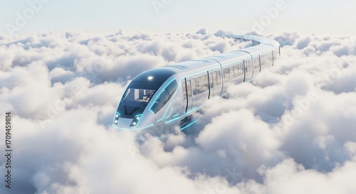 未来都市 未来列車 雲海を軽やかに疾走 滑らかな曲線 美しい光. AI Generated